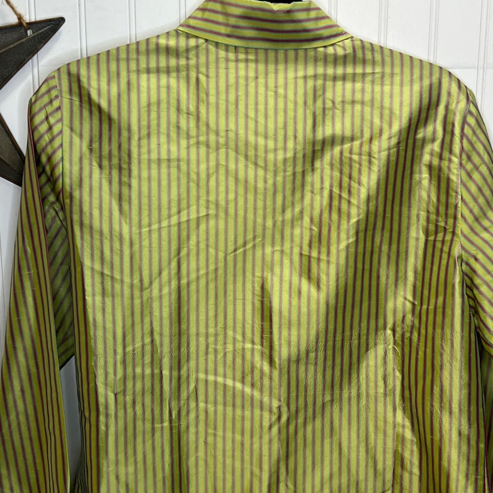 Silk Olive Pink and Teal Striped  Button Down Shirt - Picture 10 of 11
